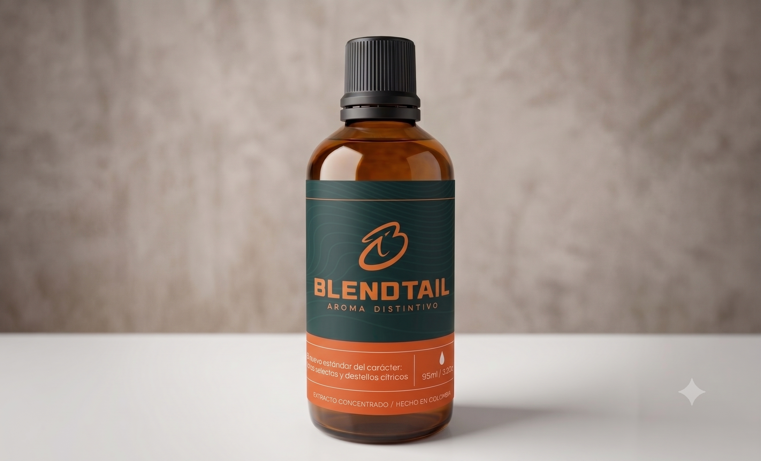 Botella de Blendtail Forest sobre superficie clara, etiqueta verde con detalle naranja